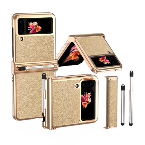 

For Samsung Galaxy Z Flip4 Litchi Texture Leather Hinged Electroplated Phone Case with Pen(Gold)