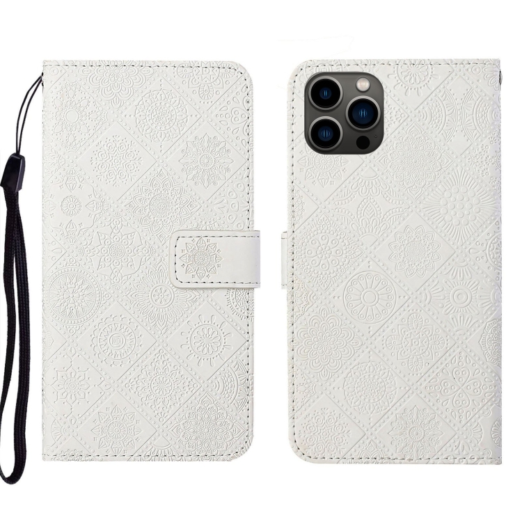 

For iPhone 14 Pro Ethnic Style Embossed Pattern Leather Phone Case(White)