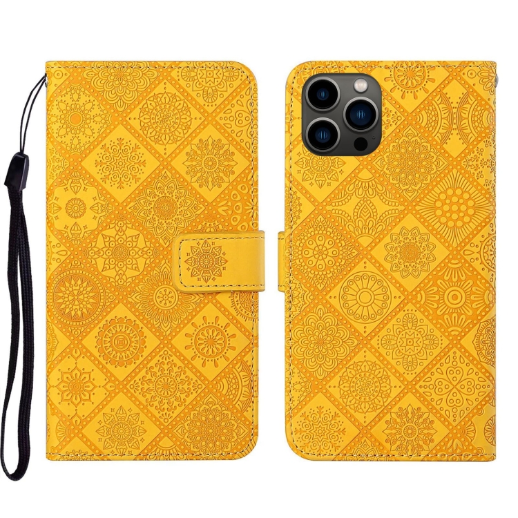 

For iPhone 14 Pro Max Ethnic Style Embossed Pattern Leather Phone Case (Yellow)
