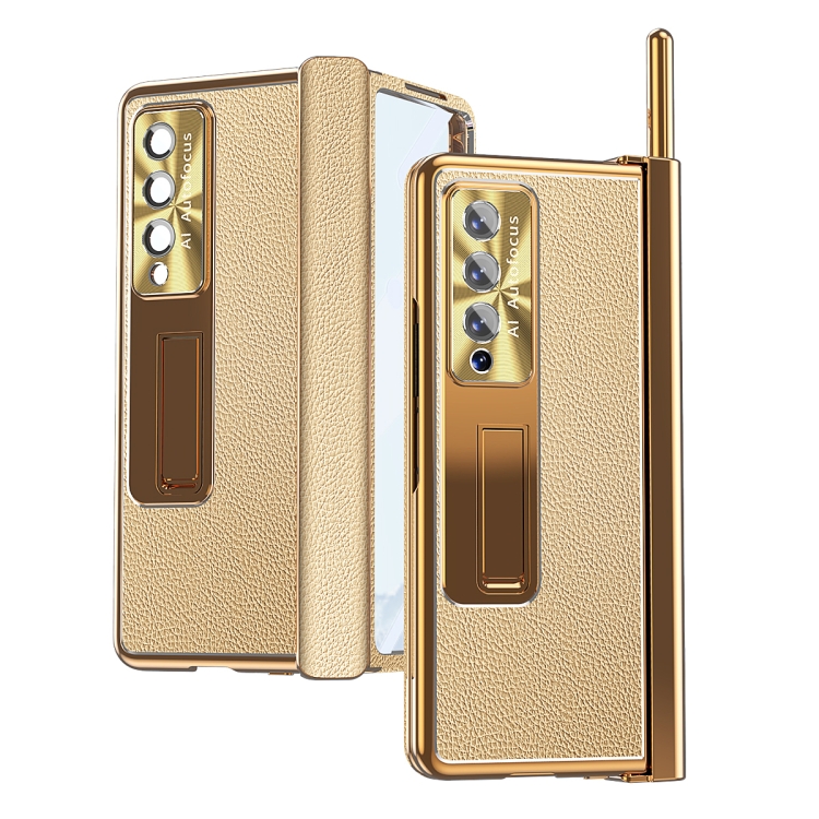 

For Samsung Galaxy Z Fold4 Litchi Pattern Magnetic Shell Film Integrated Shockproof Phone Case(Gold)
