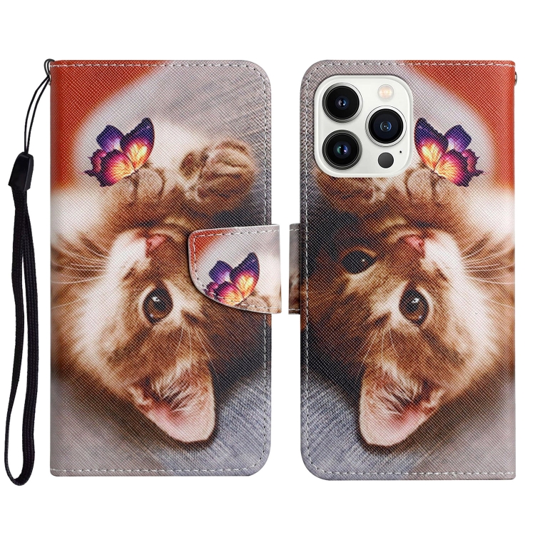 

For iPhone 14 Pro 3D Colored Drawing Flip Leather Phone Case(Butterfly Cat)