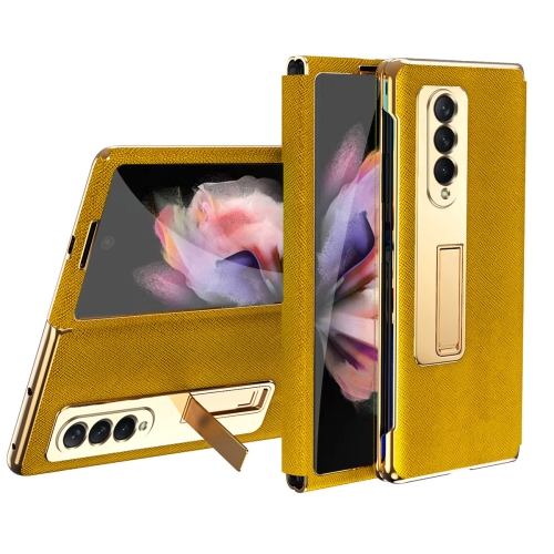 

For Samsung Galaxy Z Fold3 5G Cross Texture Integrated Electroplating Hinge Flip Phone Case with Tempered Film(Gold)