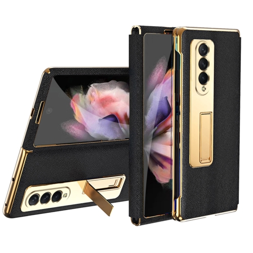 

For Samsung Galaxy Z Fold4 Cross Texture Integrated Electroplating Hinge Flip Phone Case with Tempered Film(Black)