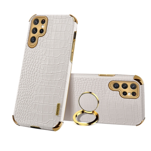 

For Samsung Galaxy S22 Ultra 5G 6D Electroplating Crocodile Texture Phone Case With Holder(White)