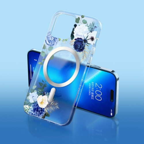 

For iPhone 14 Pro Max Flower Frosted MagSafe Phone Case (Blue Flower)