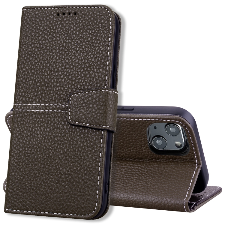 

Litchi RFID Leather Phone Case For iPhone 13 mini(Khaki)