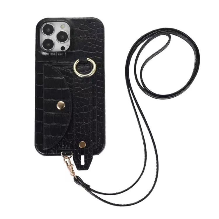 

Functional Card Bag PC Phone Case with Ring & Lanyard For iPhone 13 Pro(Black)