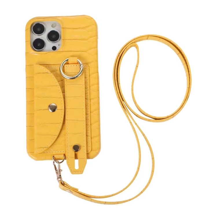 

Functional Card Bag PC Phone Case with Ring & Lanyard For iPhone 12(Yellow)