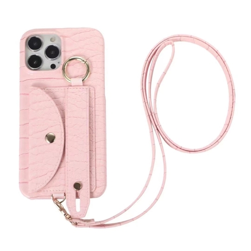 

Functional Card Bag PC Phone Case with Ring & Lanyard For iPhone 12 Pro(Pink)