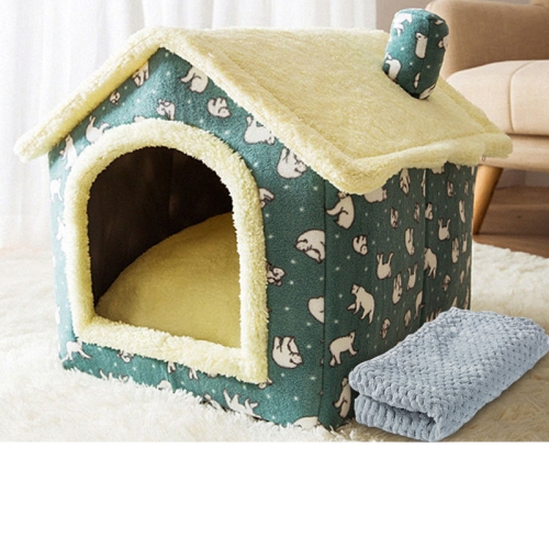 

House Type Universal Removable and Washable Pet Dog Cat Bed Pet Supplies, Size:M(Green Bear House + Blanket)