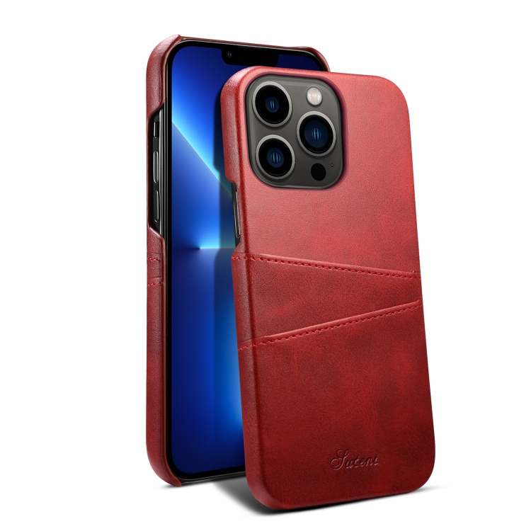 

For iPhone 13 Pro Suteni Calf Texture Back Cover Phone Case with Card Slots (Red)