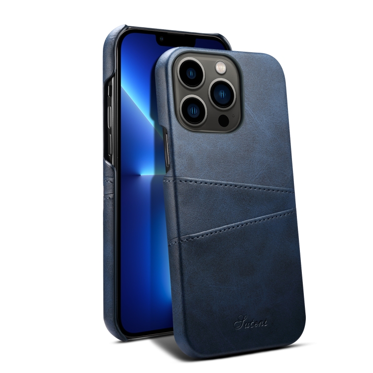 

For iPhone 13 Pro Max Suteni Calf Texture Back Cover Phone Case with Card Slots (Blue)