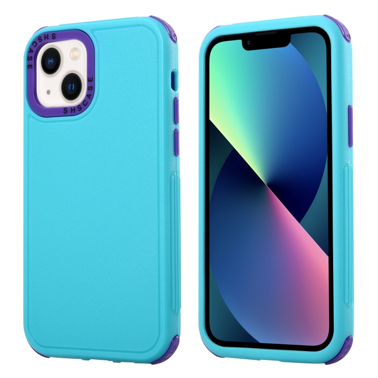 

3 in 1 Four Corner Shockproof Phone Case For iPhone 14(Royal Blue+Purple)
