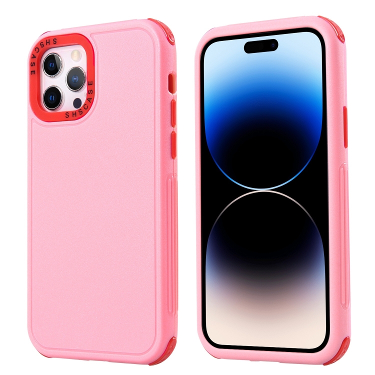 

3 in 1 Four Corner Shockproof Phone Case For iPhone 14 Pro Max(Pink+Red)