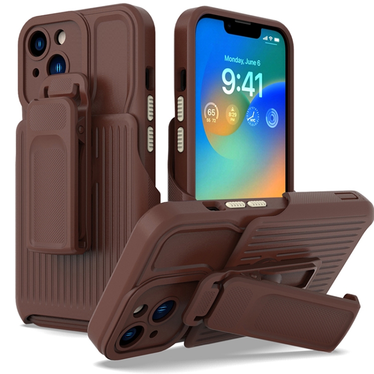 

For iPhone 12 Explorer Series Back Clip Holder PC Phone Case(Borwn)