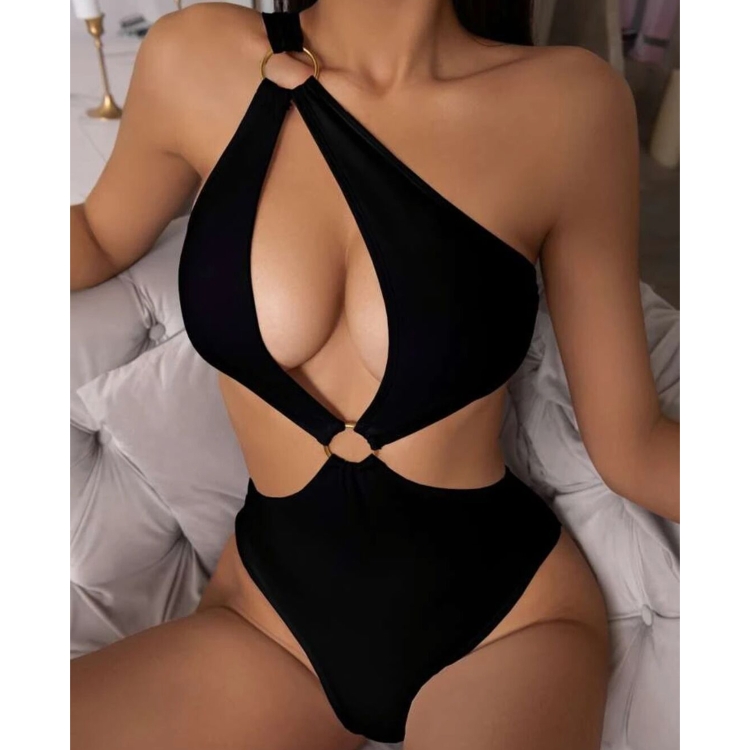 

Solid Color One Piece Bikini Swimsuit, Size:S(Black)