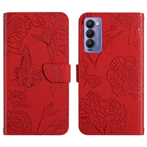 

For Tecno Camon 18 P HT03 Skin Feel Butterfly Embossed Flip Leather Phone Case(Red)