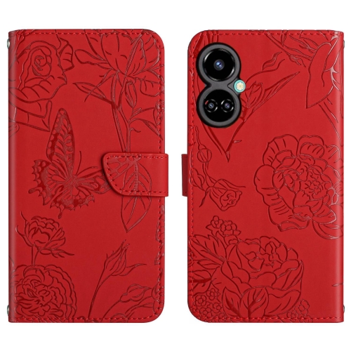 

For Tecno Camon 19 4G HT03 Skin Feel Butterfly Embossed Flip Leather Phone Case(Red)