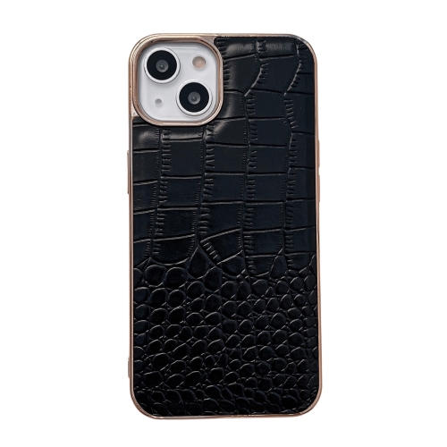 

For iPhone 14 Crocodile Texture Genuine Leather Nano Electroplating Phone Case (Black)