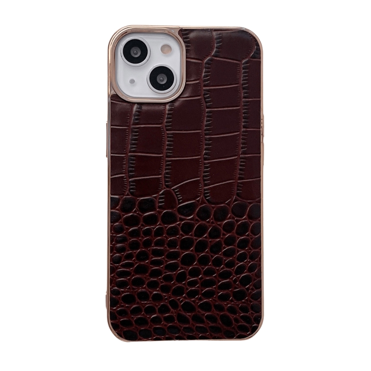 

Crocodile Texture Genuine Leather Nano Electroplating Phone Case For iPhone 13(Coffee)