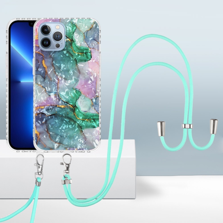 

2.0mm Airbag Shockproof TPU Phone Case with Lanyard For iPhone 13 Pro Max(Ink Green Marble)