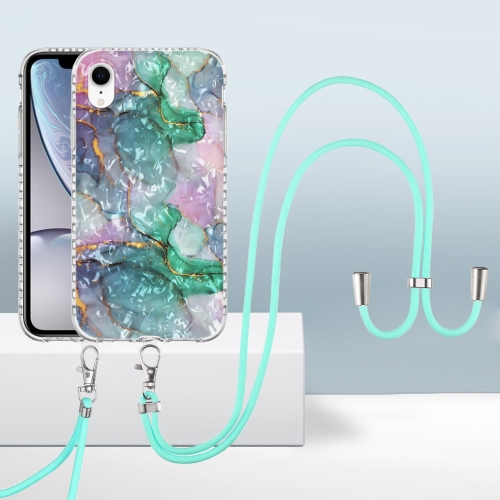 

For iPhone XR 2.0mm Airbag Shockproof TPU Phone Case with Lanyard(Ink Green Marble)