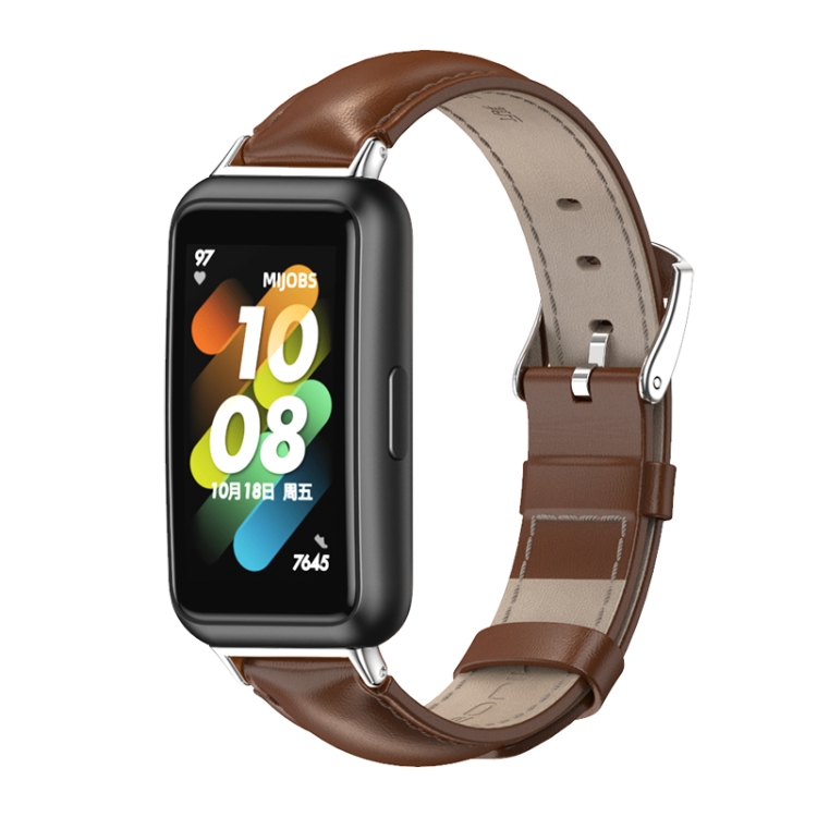 

For Huawei Band 7 / 7 NFC MIJOBS Cowhide Leather Watch Band(Brown Silver)