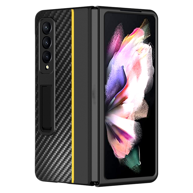 

For Samsung Galaxy Z Fold4 Carbon Fiber Texture Shockproof Splicing Leather Case with Holder(Yellow)