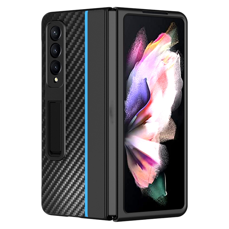 

For Samsung Galaxy Z Fold4 Carbon Fiber Texture Shockproof Splicing Leather Case with Holder(Blue)