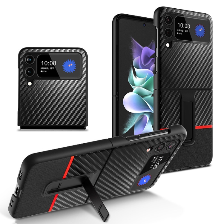 

For Samsung Galaxy Z Flip4 Carbon Fiber Texture Shockproof Splicing Leather Case with Holder(Red)