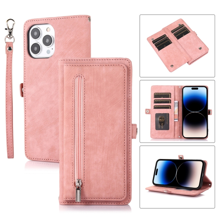 

For iPhone 14 Pro Max Zipper Card Slot Buckle Wallet Leather Phone Case (Rose Gold)