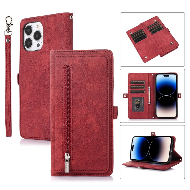 

For iPhone 14 Pro Zipper Card Slot Buckle Wallet Leather Phone Case(Red)