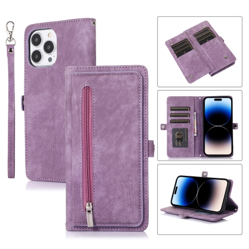 

For iPhone 14 Pro Zipper Card Slot Buckle Wallet Leather Phone Case(Purple)