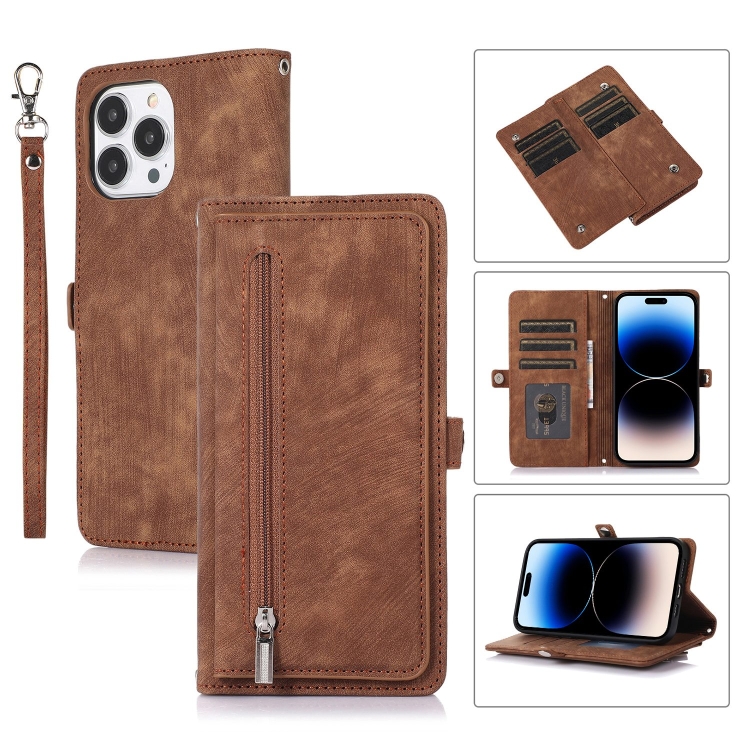 

For iPhone 14 Pro Zipper Card Slot Buckle Wallet Leather Phone Case(Brown)