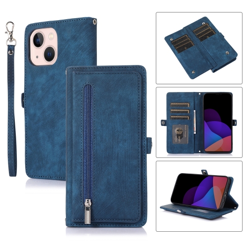 

For iPhone 14 Zipper Card Slot Buckle Wallet Leather Phone Case (Blue)