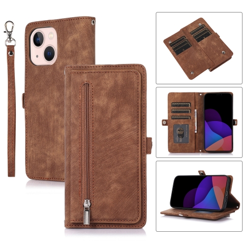 

For iPhone 14 Zipper Card Slot Buckle Wallet Leather Phone Case (Brown)