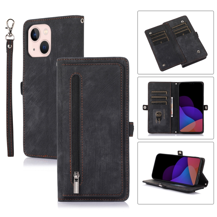 

For iPhone 14 Zipper Card Slot Buckle Wallet Leather Phone Case (Black)