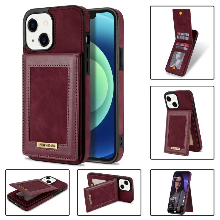 

N.BEKUS Vertical Flip Card Slot RFID Phone Case For iPhone 13 mini(Wine Red)
