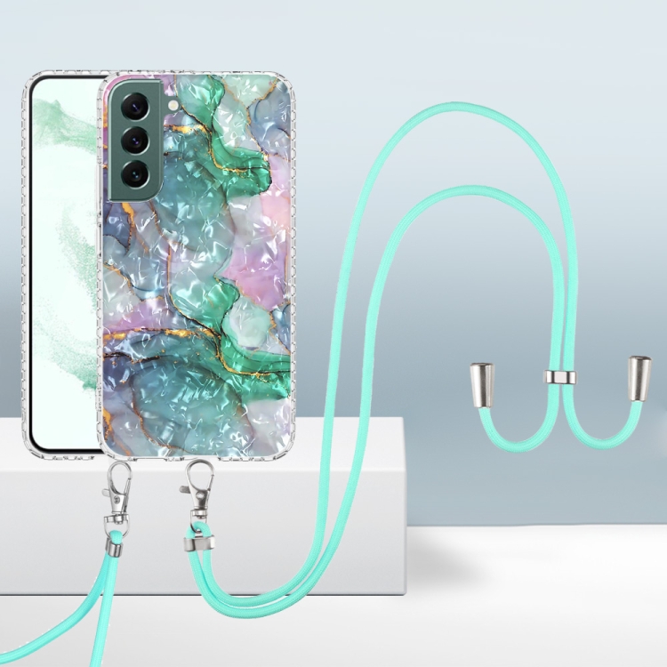 

For Samsung Galaxy S22 5G 2.0mm Airbag Shockproof TPU Phone Case with Lanyard(Ink Green Marble)