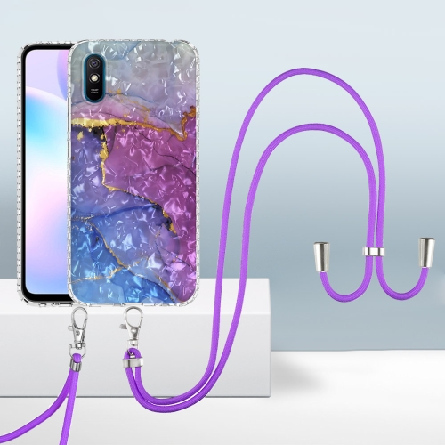 

For Xiaomi Redmi 9A / 9i Indian 2.0mm Airbag Shockproof TPU Phone Case with Lanyard(Blue Purple Marble)