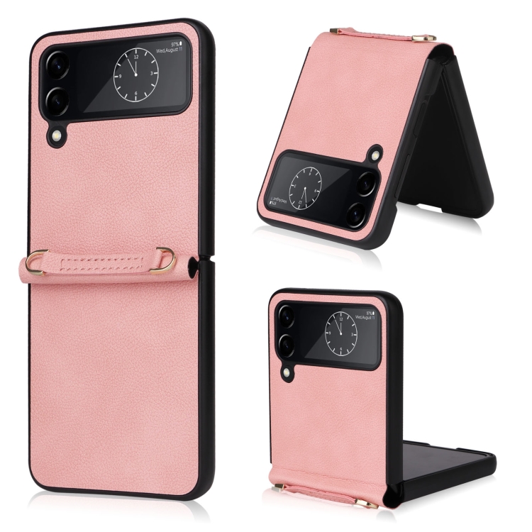 

For Samsung Galaxy Z Flip4 Lambskin Texture Leather Phone Case with Lanyard(Pink)