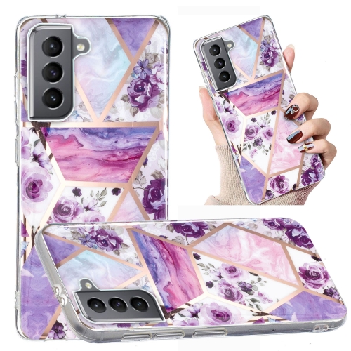 

For Samsung Galaxy S21 5G Electroplated Marble Pattern TPU Phone Case(Purple Flower)