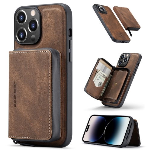 JEEHOOD Magnetic Zipper Wallet Leather Phone Case For iPhone 14 Pro Max(Brown)
