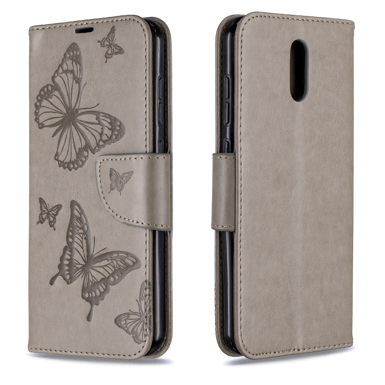

For Nokia 2.3 Two Butterflies Embossing Pattern Horizontal Flip Leather Case with Holder & Card Slot & Wallet & Lanyard(Grey)
