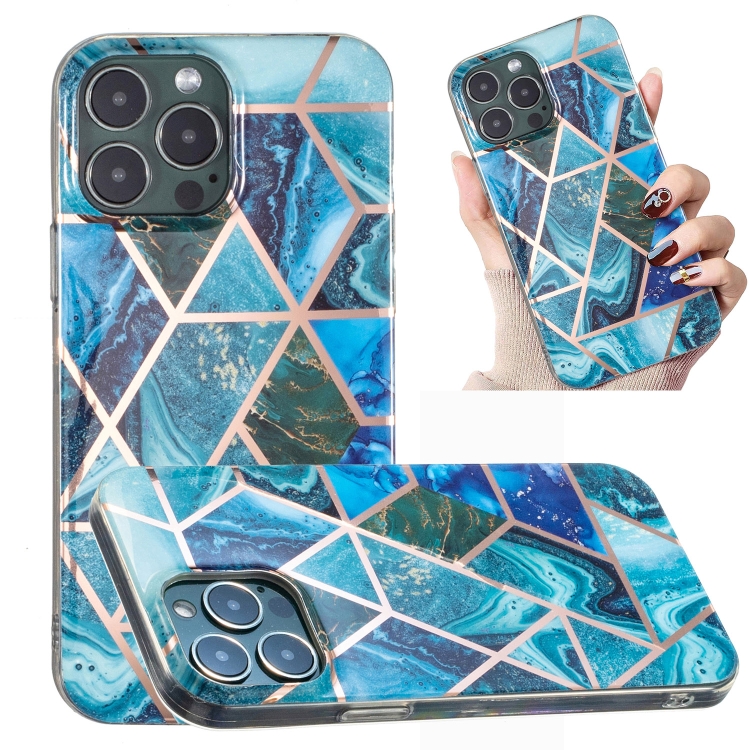 

For iPhone 14 Pro Electroplated Marble Pattern TPU Phone Case(Blue and Green)