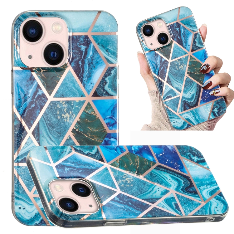 

For iPhone 13 Electroplated Marble Pattern TPU Phone Case(Blue and Green)