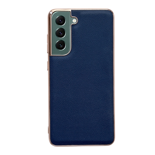 

For Samsung Galaxy S22 5G Genuine Leather Luolai Series Nano Electroplating Phone Case(Dark Blue)