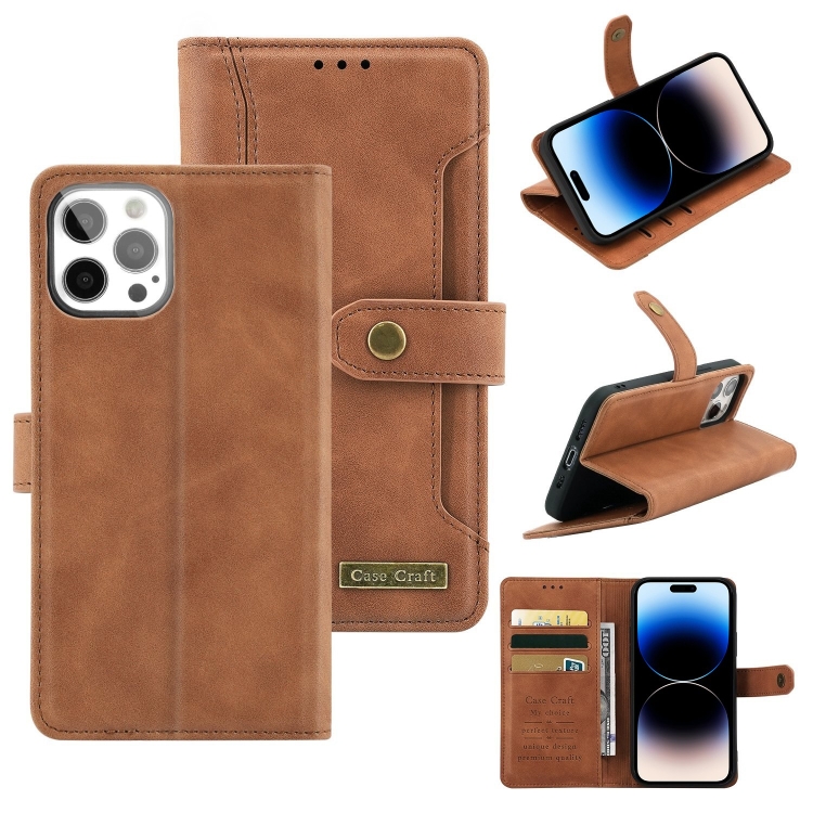 

Copper Buckle Leather Phone Case For iPhone 14 Pro Max(Brown)