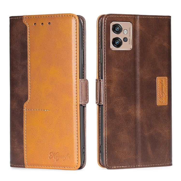 

For Motorola Moto G32 4G Contrast Color Side Buckle Leather Phone Case(Dark Brown + Gold)