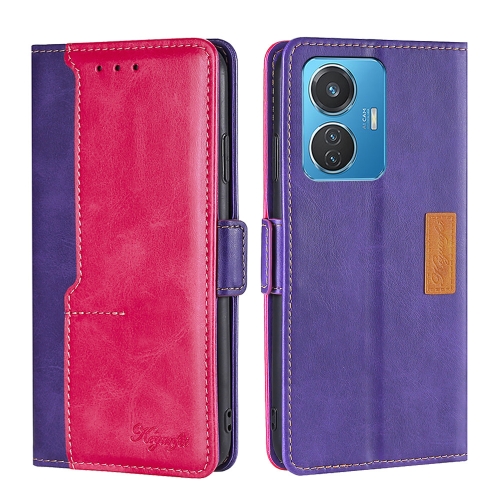 

For vivo iQOO Z6 44W/vivo T1 Snapdragon 680 Contrast Color Side Buckle Leather Phone Case(Purple + Rose Red)